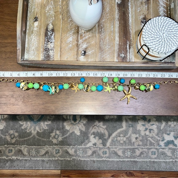 J Crew Bubble Chunky Starfish Green Blue Charm Gold Tone Adj. Necklace 30" - Picture 3 of 7